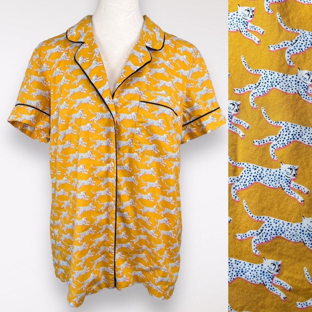 Boden Yellow Button Down Shirt with Leopard Print